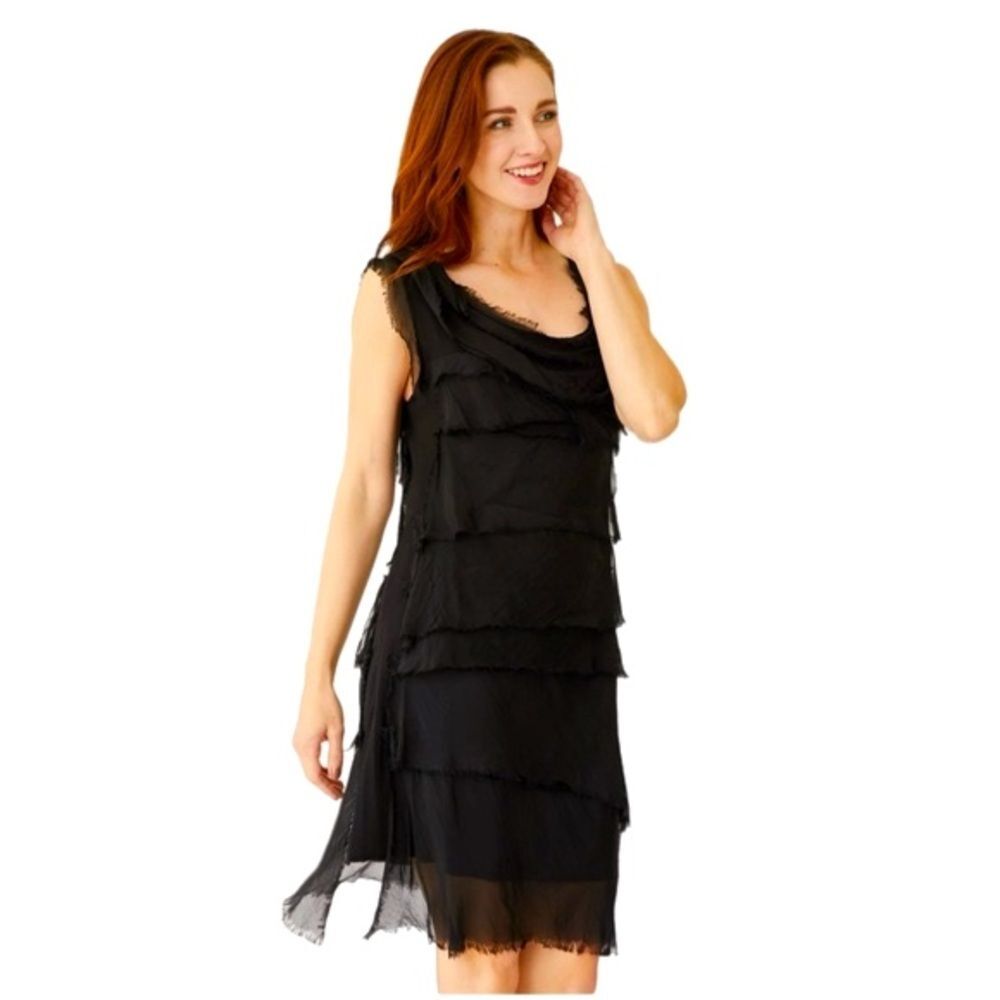 NT 100% Silk Tiered Ruffle Sleeveless Short Dress Black Party 2/4.
